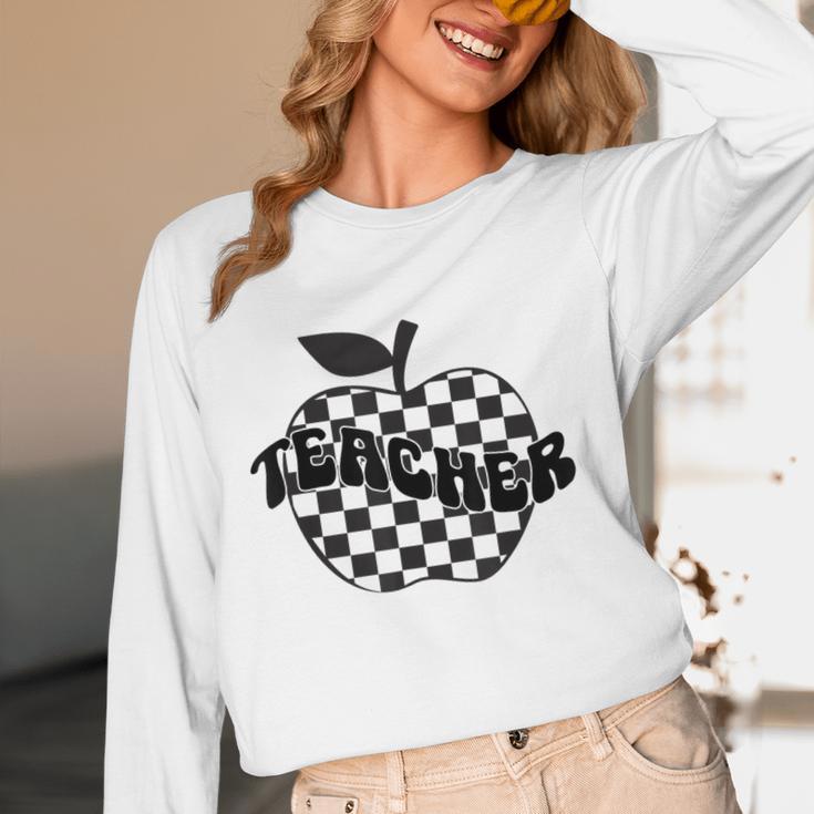Back To School Checkered Apple Teacher Checkerboard Teacher For Men Women Girls Kids Women Long Sleeve T-Shirt, novelty gifts, funny gifts