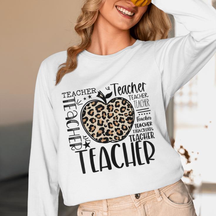 Back To School Teacher Life Apple Leopard Teacher Women Women Long Sleeve T-Shirt, novelty gifts, funny gifts