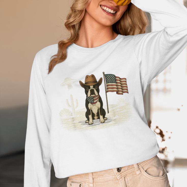 Boston Terrier 4th Of July US American Flag Dog Patriotic Women Long Sleeve T-Shirt, novelty gifts, funny gifts