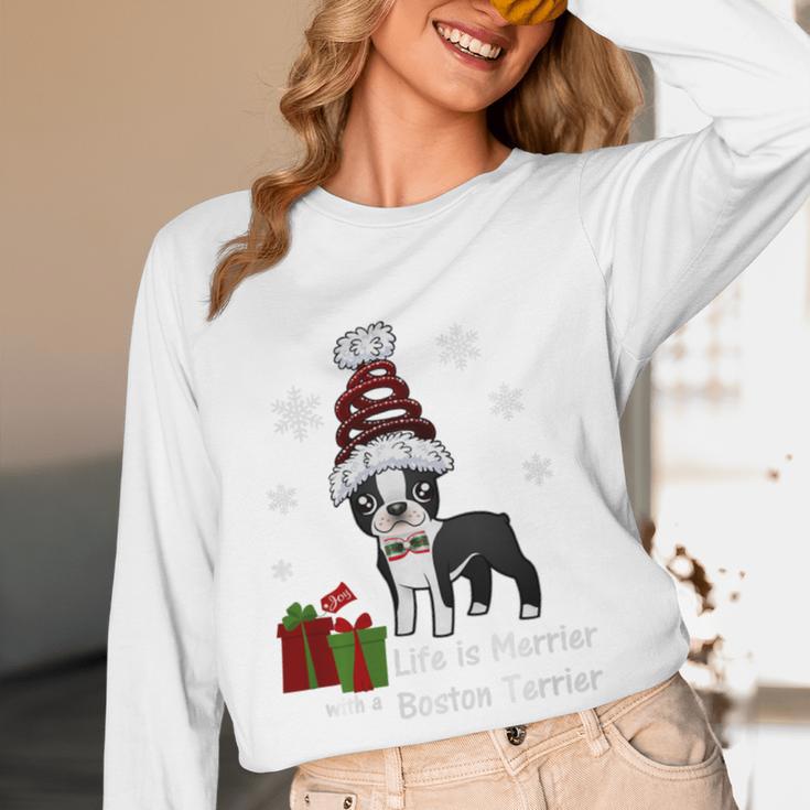 Boston Terrier Christmas T Shirt-Life Is Merrier Premium Tri-Blend Women Long Sleeve T-Shirt, novelty gifts, funny gifts
