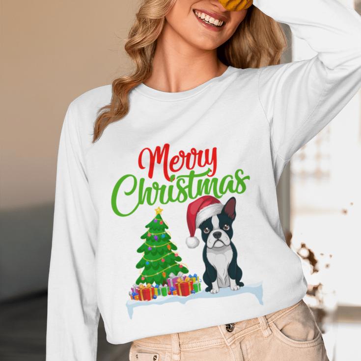 Boston Terrier Christmas Tree Lights Xmas Dog Lover Women Long Sleeve T-Shirt, novelty gifts, funny gifts