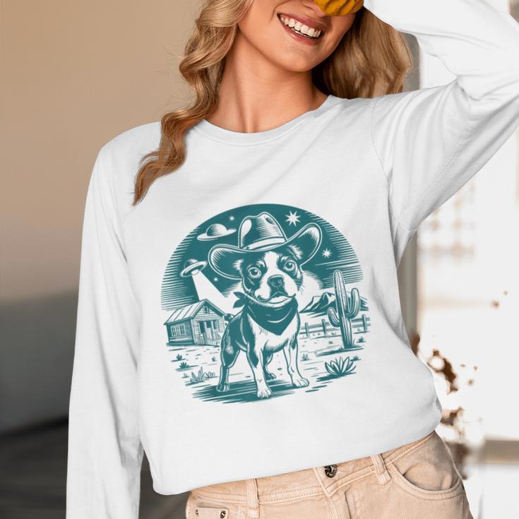 Boston Terrier Cowboy UFO Shirt Vintage Western Dog Mom Tee Women Long Sleeve T-Shirt, novelty gifts, funny gifts