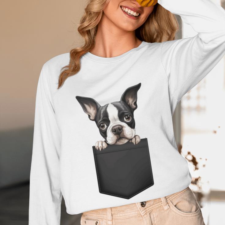 Boston Terrier Dog Puppy Dog In Pocket Cute Pet Lover Women Long Sleeve T-Shirt, novelty gifts, funny gifts