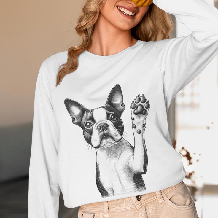Boston Terrier Dog Raising Paw Idea Men Women Women Long Sleeve T-Shirt, novelty gifts, funny gifts