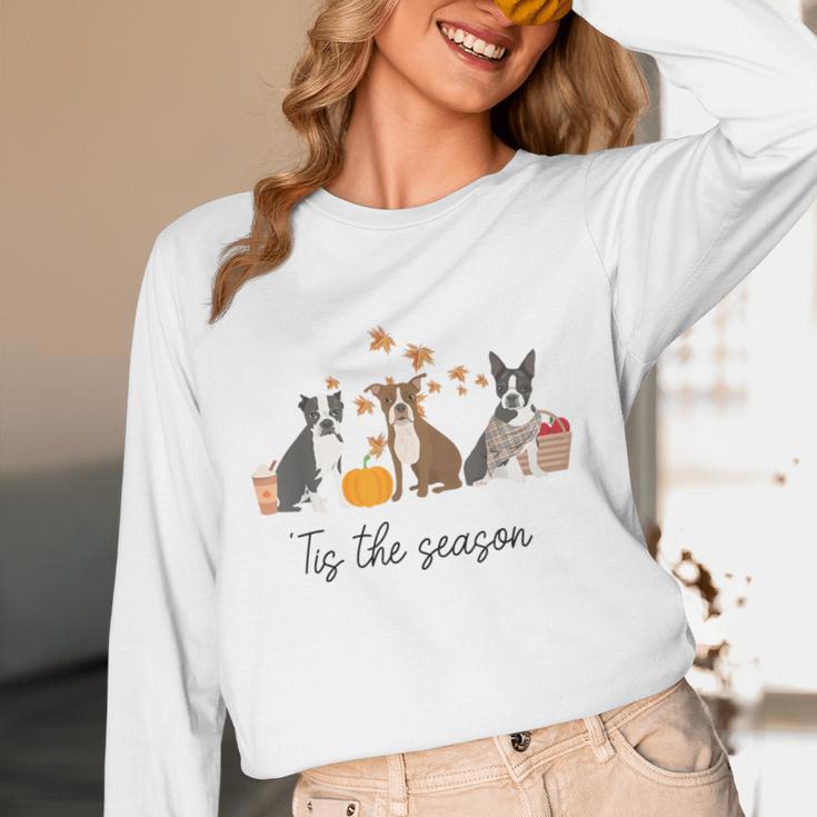 Boston Terrier Fall Pumpkin Tis The Season Autumn Women Women Long Sleeve T-Shirt, novelty gifts, funny gifts