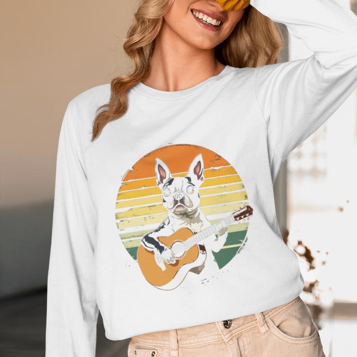 Boston Terrier Guitar Retro Women Long Sleeve T-Shirt, novelty gifts, funny gifts