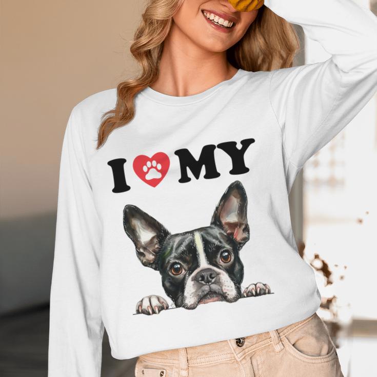 Boston Terrier I Heart My Dog Dog Lover Women Long Sleeve T-Shirt, novelty gifts, funny gifts