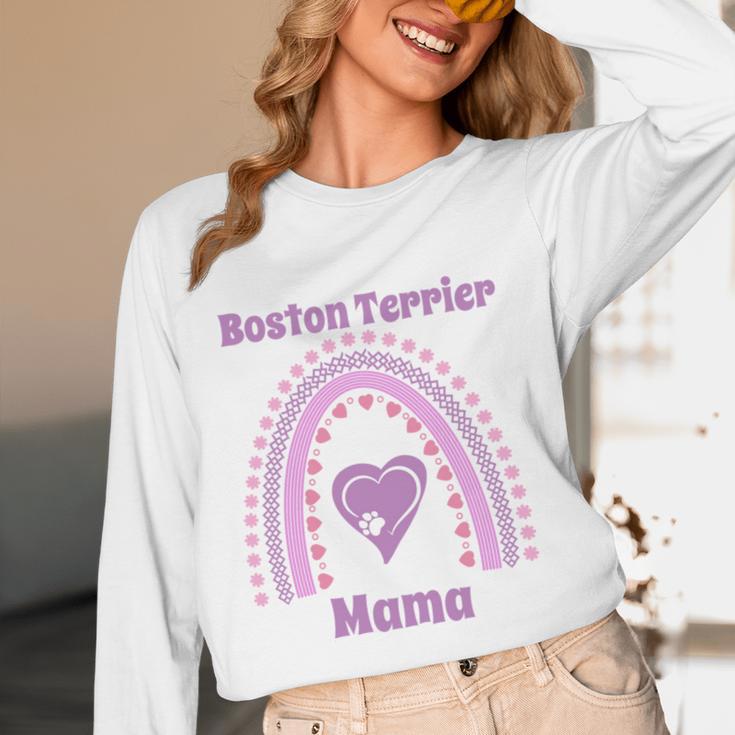 Boston Terrier Mama Cute Rainbow Paw Heart Shape Women Long Sleeve T-Shirt, novelty gifts, funny gifts