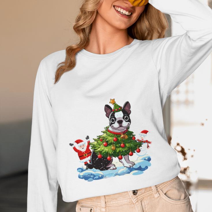 Boston Terrier Merry Christmas Tree Lights Dog X-Mas Dogs Women Long Sleeve T-Shirt, novelty gifts, funny gifts