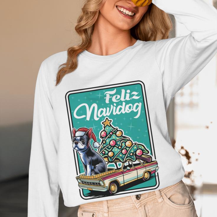 Boston Terrier Merry Christmas Tree Truck Dog X-Mas Women Long Sleeve T-Shirt, novelty gifts, funny gifts