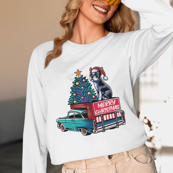 Boston Terrier Merry Christmas Tree Truck Santa Dog X-Mas Women Long Sleeve T-Shirt, novelty gifts, funny gifts