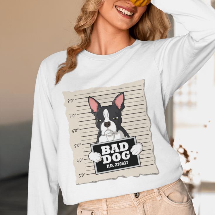 Boston Terrier Mug Shot Guilty Dog Women Long Sleeve T-Shirt, novelty gifts, funny gifts