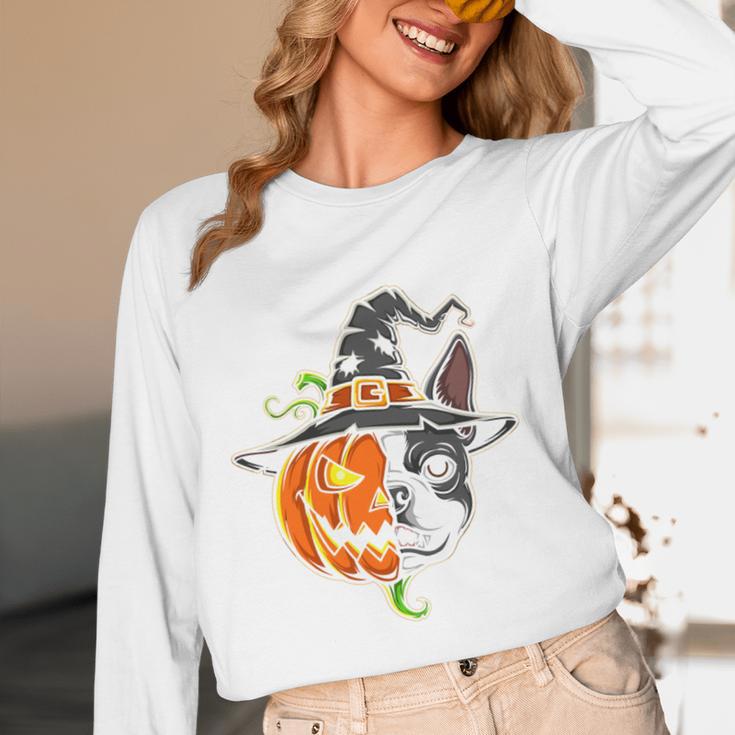 Boston Terrier Pumpkin Jack O Lantern Halloween Women Long Sleeve T-Shirt, novelty gifts, funny gifts