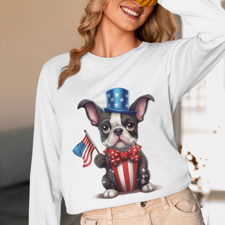 Boston Terrier Puppy Dog Holds His American Flag 4th Of July Women Long Sleeve T-Shirt, novelty gifts, funny gifts