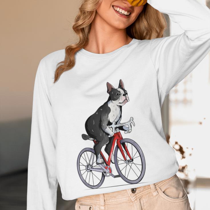 Boston Terrier Riding Bicycle Cute Bostie Biker Raglan Baseball Tee Women Long Sleeve T-Shirt, novelty gifts, funny gifts