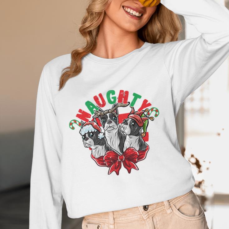 Boston Terrier Santa Claus Elf Reindeer Christmas Dog X-Mas Women Long Sleeve T-Shirt, novelty gifts, funny gifts