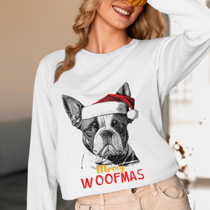 Boston Terrier Santa Claus Hat Merry Christmas Dog X-Mas Women Long Sleeve T-Shirt, novelty gifts, funny gifts