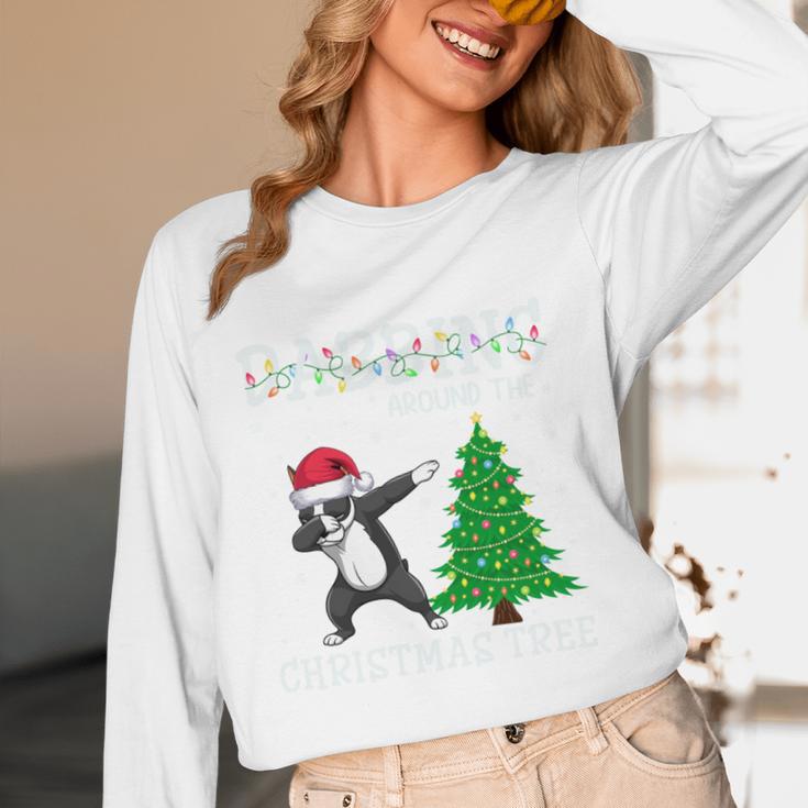 Boston Terrier Santa Hat Dabbing Around The Christmas Tree Women Long Sleeve T-Shirt, novelty gifts, funny gifts
