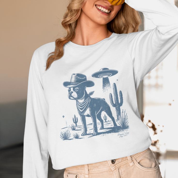Boston Terrier UFO Cowboy Dog Dog Mom Dog Dad Alien Dog Women Long Sleeve T-Shirt, novelty gifts, funny gifts