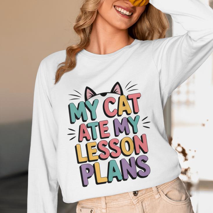 My Cat Ate My Lesson Plans Teacher Cat Humor Women Long Sleeve T-Shirt, novelty gifts, funny gifts