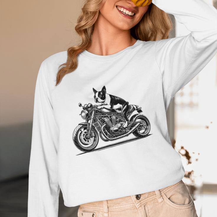 Cool Boston Terrier Riding a Motorcycle Biker Dog Lover For Men Women Kids Women Long Sleeve T-Shirt, novelty gifts, funny gifts