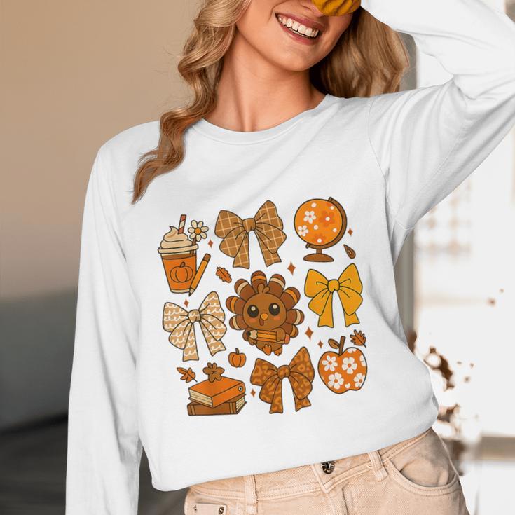 Coquette Teach Teacher Bows Thanksgiving Turkey Fall Autumn Women Long Sleeve T-Shirt, novelty gifts, funny gifts