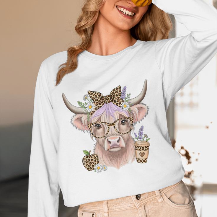Cute Floral Highland Cow Back To School For Women Teacher Women Long Sleeve T-Shirt, novelty gifts, funny gifts