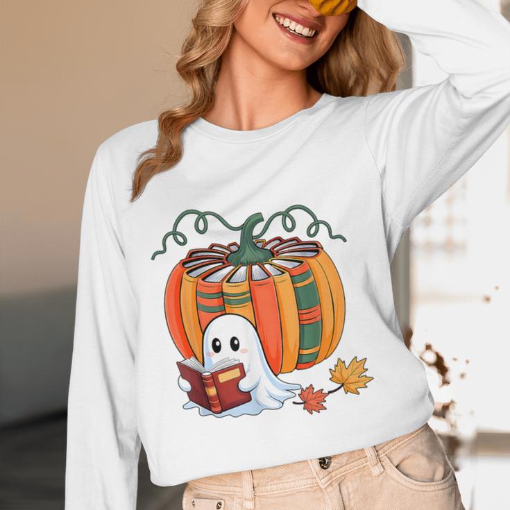 Fall Book Pumpkin Books Ghost Reading Halloween Teacher Women Long Sleeve T-Shirt, novelty gifts, funny gifts