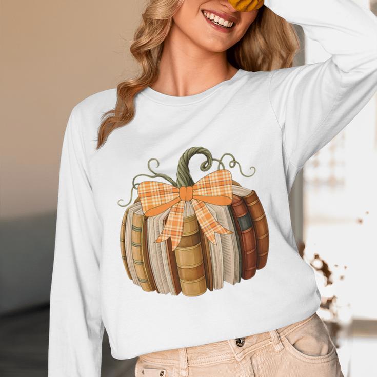 Fall Book Pumpkin Halloween Teacher Librarian Thanksgiving Women Long Sleeve T-Shirt, novelty gifts, funny gifts