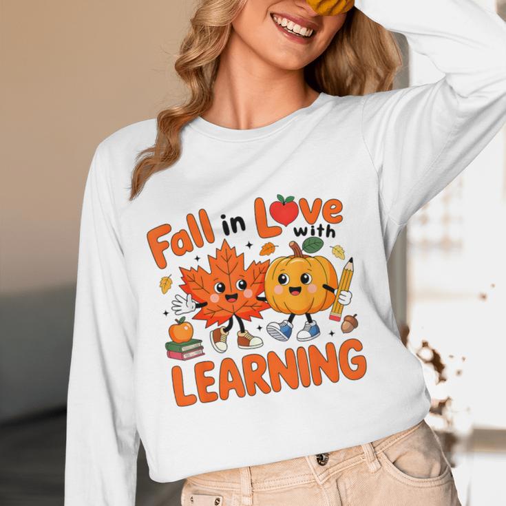 Fall In Love With Learning Thanksgiving Teacher Student Kids Women Long Sleeve T-Shirt, novelty gifts, funny gifts
