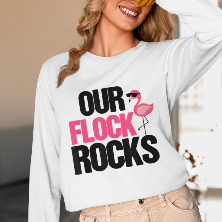 Our Flock Rocks Flamingo Mother's Day Teacher Women Long Sleeve T-Shirt, novelty gifts, funny gifts