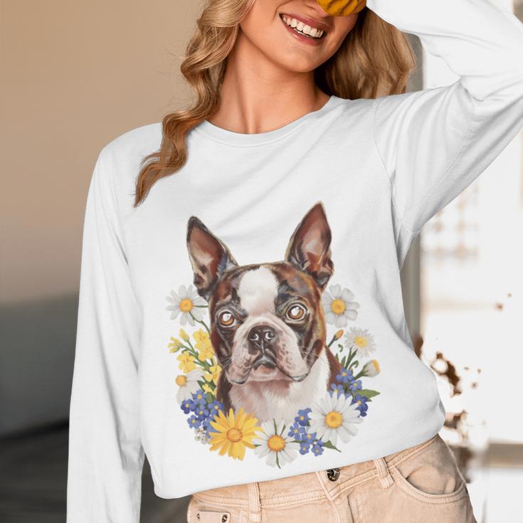 Floral Boston Terrier Women Long Sleeve T-Shirt, novelty gifts, funny gifts