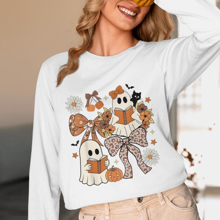 Ghost Reading Books Halloween Bow Spooky Teacher Student Women Long Sleeve T-Shirt, novelty gifts, funny gifts Ghost Reading Books Halloween Bow Spooky Teacher Student Women Long Sleeve T-Shirt, novelty gifts, funny gifts