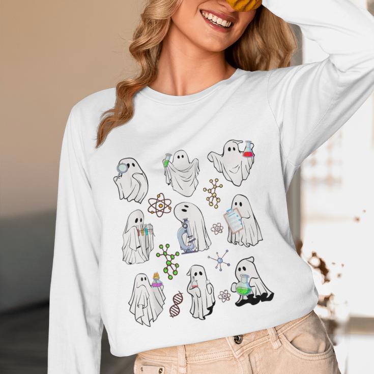 Ghost Science Teacher Chemistry Laboratory Halloween Costume Women Long Sleeve T-Shirt, novelty gifts, funny gifts