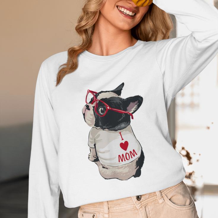 Girls I Heart Mom Love Mama Boston Terrier Dog Lover Women Long Sleeve T-Shirt, novelty gifts, funny gifts