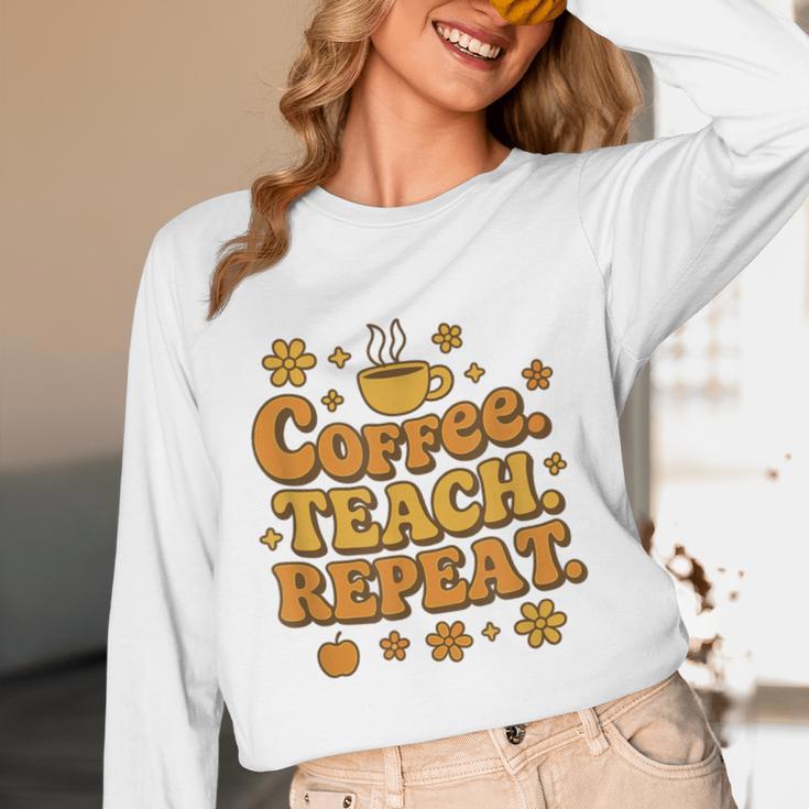 Groovy Coffee Teach Repeat Retro Teacher Women Long Sleeve T-Shirt, novelty gifts, funny gifts