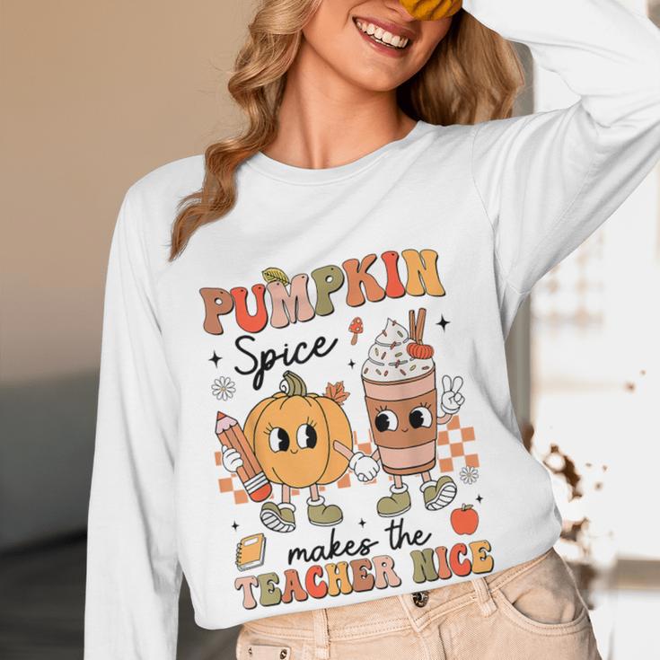 Groovy Pumpkin Spice Makes Teacher Nice Fall Thanksgiving Women Long Sleeve T-Shirt, novelty gifts, funny gifts