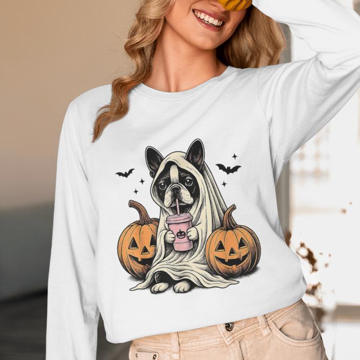 Halloween Boston Terrier Ghost Women Long Sleeve T-Shirt, novelty gifts, funny gifts