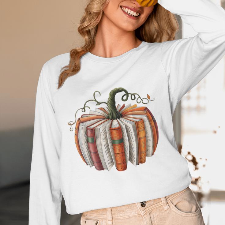 Halloween Teacher Librarians Fall Book Pumpkin Retro Reading Women Long Sleeve T-Shirt, novelty gifts, funny gifts