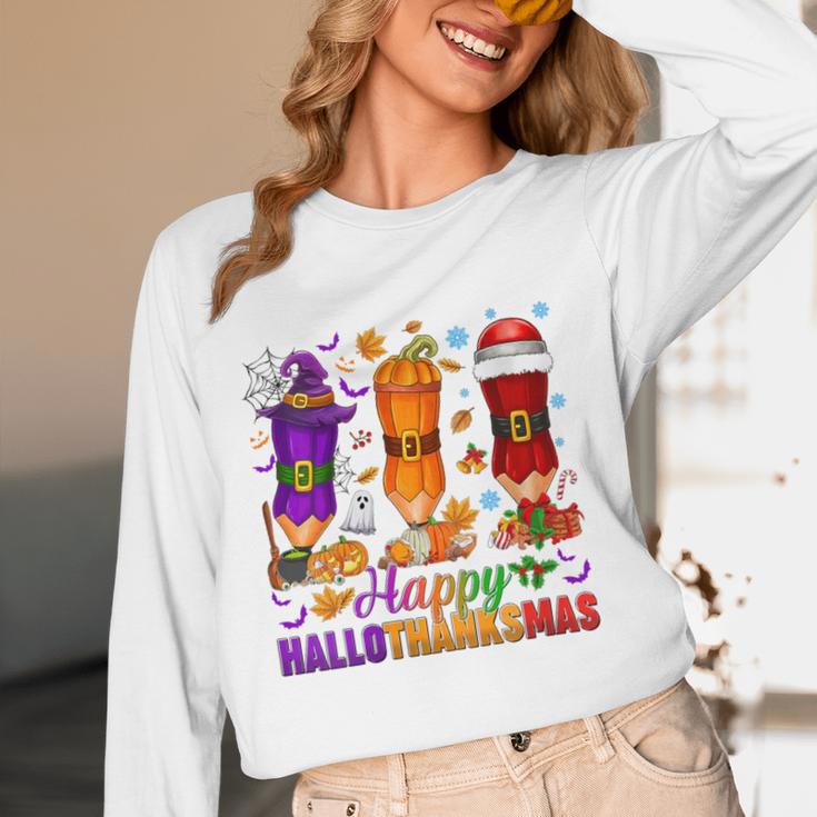 Happy Hallothanksmas Halloween Thanksgiving Pencils Teachers Women Long Sleeve T-Shirt, novelty gifts, funny gifts