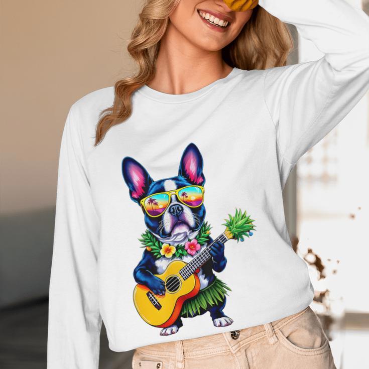 Hawaiian Boston Terrier & Pineapple Ukulele Summer Vacation Women Long Sleeve T-Shirt, novelty gifts, funny gifts