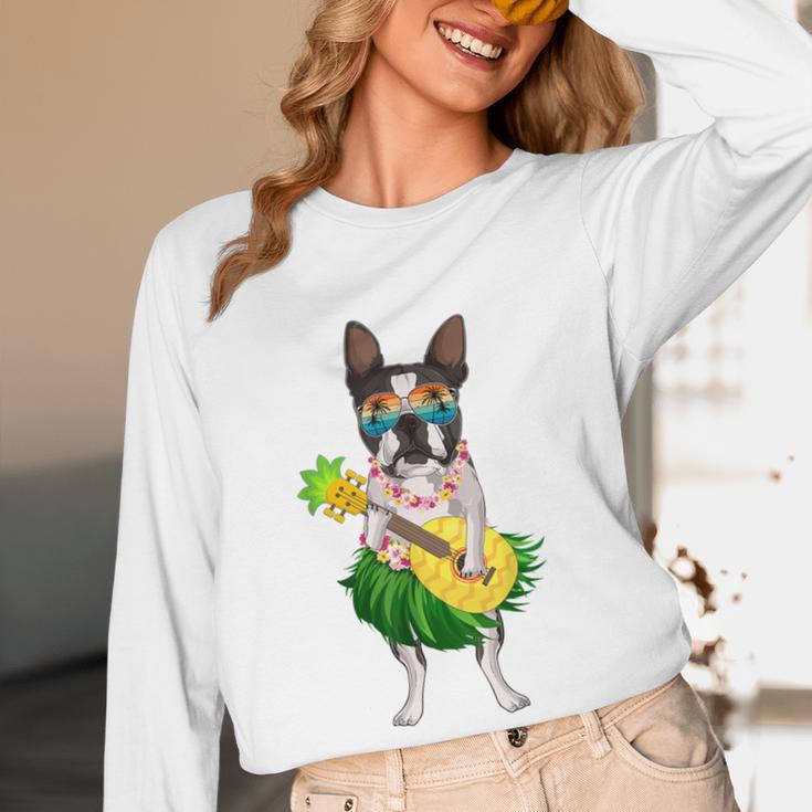 Hawaiian Boston Terrier Dog Pineapple Ukulele Summer For Men Women Girls Kids Women Long Sleeve T-Shirt, novelty gifts, funny gifts