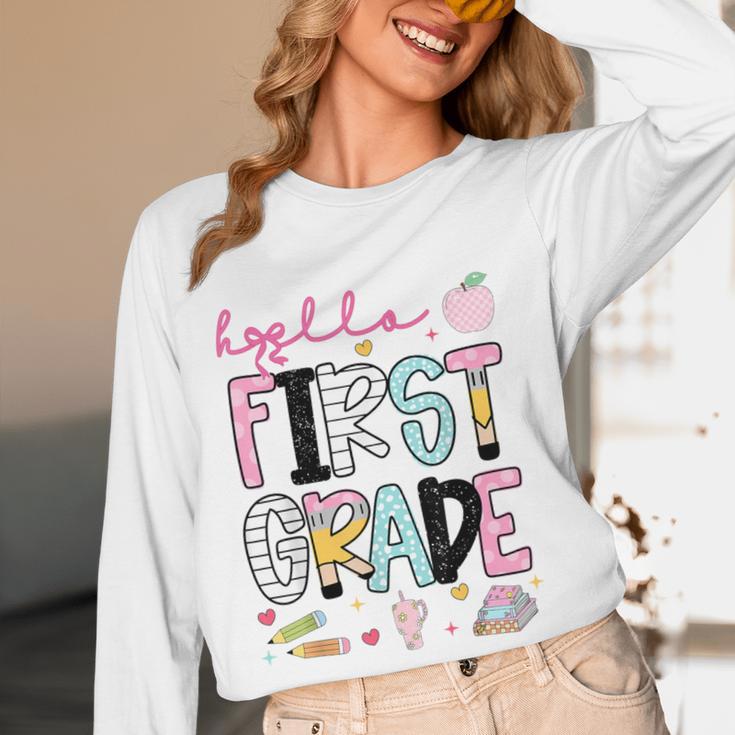 Hello First Grade Teacher Coquette Pencil Bow Back To School Women Long Sleeve T-Shirt, novelty gifts, funny gifts Hello First Grade Teacher Coquette Pencil Bow Back To School Women Long Sleeve T-Shirt, novelty gifts, funny gifts
