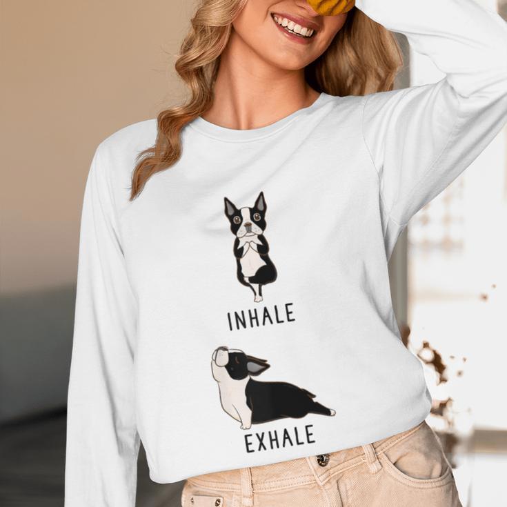 Inhale Exhale Yoga Boston Terrier Tshirt Women Long Sleeve T-Shirt, novelty gifts, funny gifts