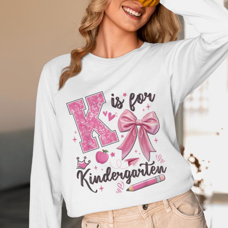 K Is For Kindergarten Teacher Coquette Bow Back To School Women Long Sleeve T-Shirt, novelty gifts, funny gifts K Is For Kindergarten Teacher Coquette Bow Back To School Women Long Sleeve T-Shirt, novelty gifts, funny gifts