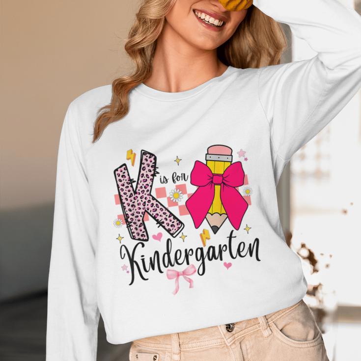 K Is For Kindergarten Teacher Coquette Bow Back To School Women Long Sleeve T-Shirt, novelty gifts, funny gifts K Is For Kindergarten Teacher Coquette Bow Back To School Women Long Sleeve T-Shirt, novelty gifts, funny gifts