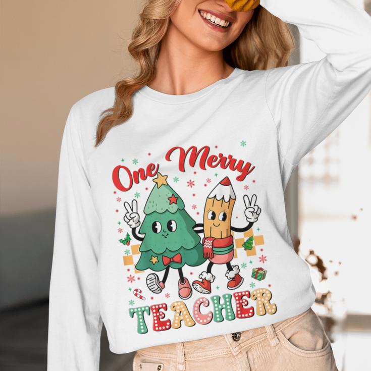 One Merry Teacher Groovy Christmas Tree Pjs Xmas Teacher Women Long Sleeve T-Shirt, novelty gifts, funny gifts One Merry Teacher Groovy Christmas Tree Pjs Xmas Teacher Women Long Sleeve T-Shirt, novelty gifts, funny gifts