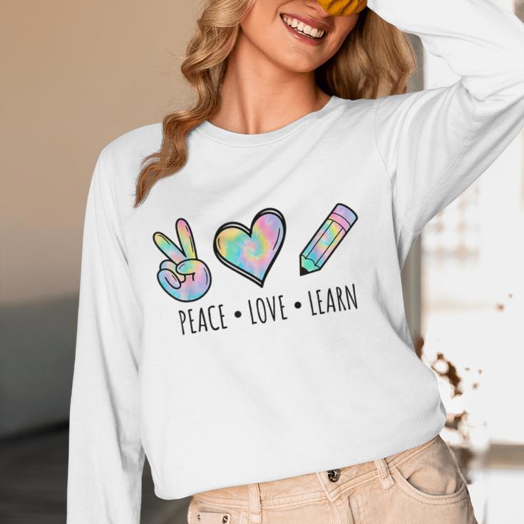 Peace Love Learn Tie Dye Teacher Kids 100th Days Of School Women Long Sleeve T-Shirt, novelty gifts, funny gifts Peace Love Learn Tie Dye Teacher Kids 100th Days Of School Women Long Sleeve T-Shirt, novelty gifts, funny gifts