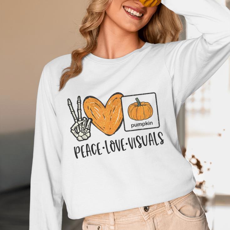 Peace Love Visuals Sped Teacher Pumpkin Skeleton Halloween Women Long Sleeve T-Shirt, novelty gifts, funny gifts