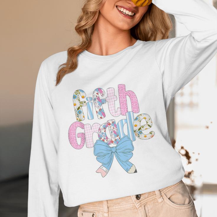Preppy Fifth Grade Teacher Blue Floral Coquette Pencil Bow Women Long Sleeve T-Shirt, novelty gifts, funny gifts